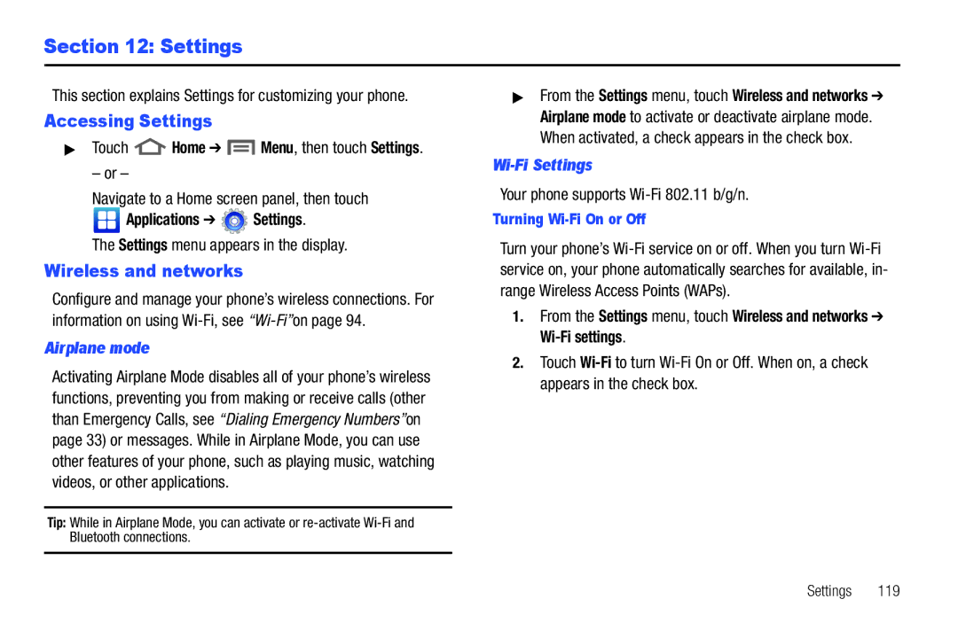 Samsung GH68_3XXXXA user manual Accessing Settings, Wireless and networks, Airplane mode, Wi-Fi Settings 