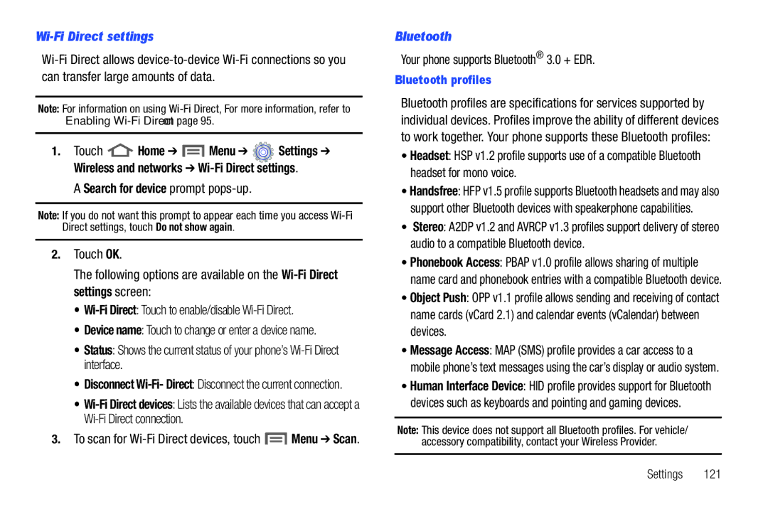 Samsung GH68_3XXXXA user manual Wi-Fi Direct settings, Search for device prompt pops-up, Bluetooth profiles 