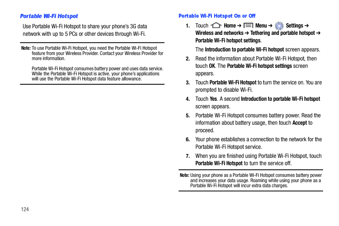 Samsung GH68_3XXXXA user manual Portable Wi-Fi Hotspot On or Off, 124 