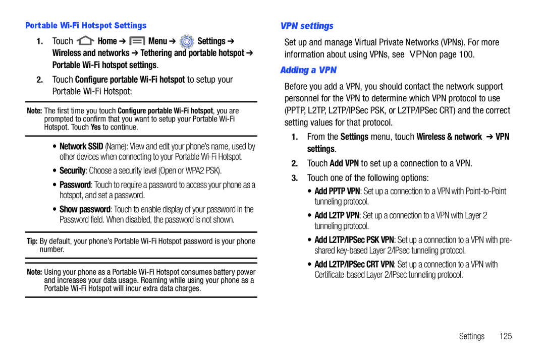 Samsung GH68_3XXXXA user manual VPN settings, Portable Wi-Fi Hotspot Settings 