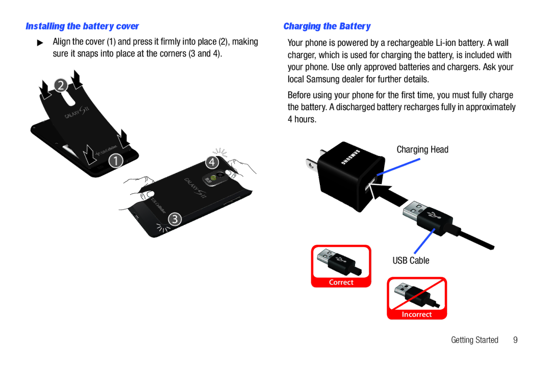 Samsung GH68_3XXXXA user manual Installing the battery cover, Charging the Battery 