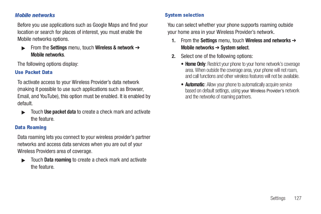 Samsung GH68_3XXXXA user manual Mobile networks, Use Packet Data, Data Roaming, System selection 