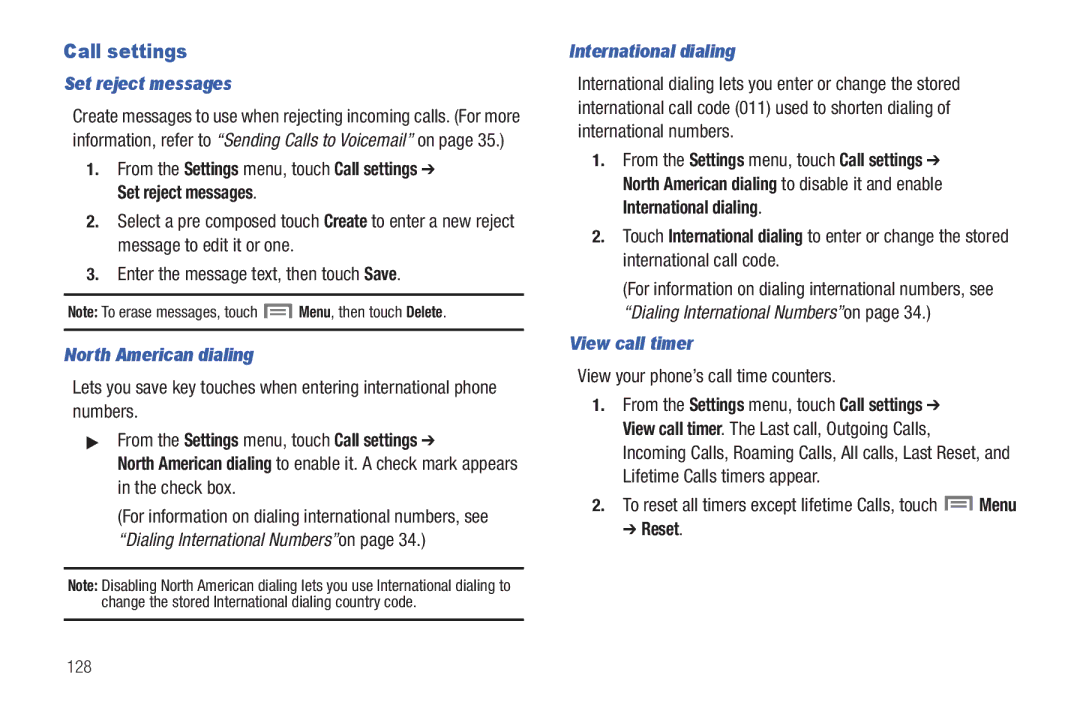 Samsung GH68_3XXXXA Call settings, Set reject messages, North American dialing, International dialing, View call timer 