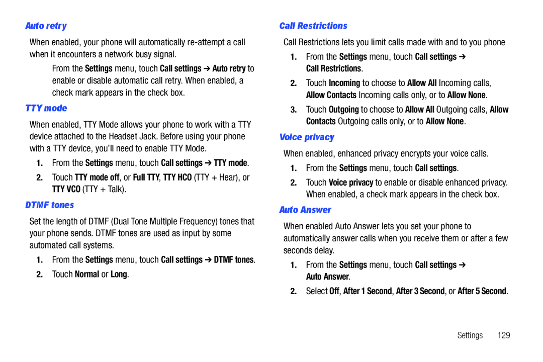 Samsung GH68_3XXXXA user manual Auto retry, TTY mode, Dtmf tones, Call Restrictions, Voice privacy, Auto Answer 