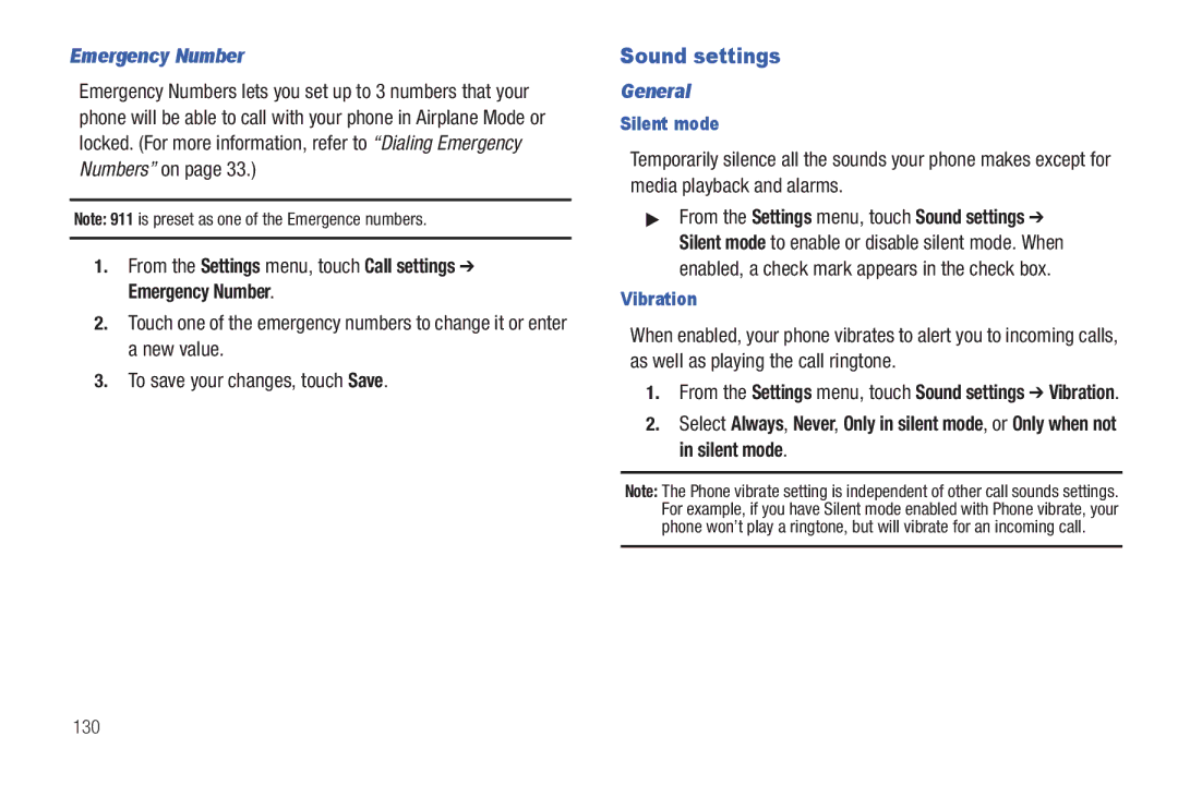 Samsung GH68_3XXXXA user manual Sound settings, Emergency Number, General, Silent mode, Vibration 