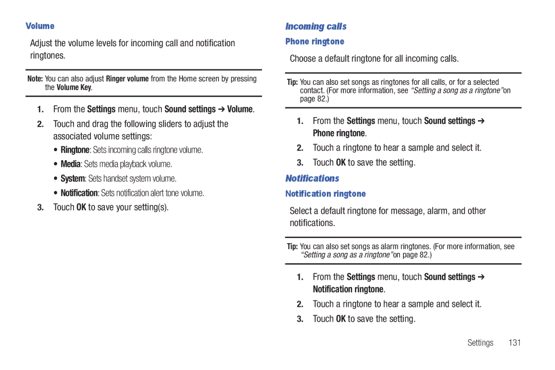 Samsung GH68_3XXXXA user manual Incoming calls, Choose a default ringtone for all incoming calls, Notifications 