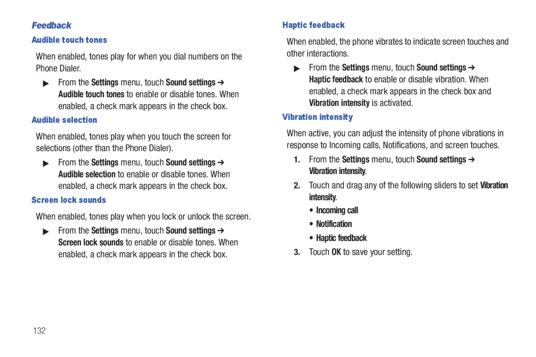 Samsung GH68_3XXXXA user manual Feedback, Incoming call Notification Haptic feedback, Touch OK to save your setting 