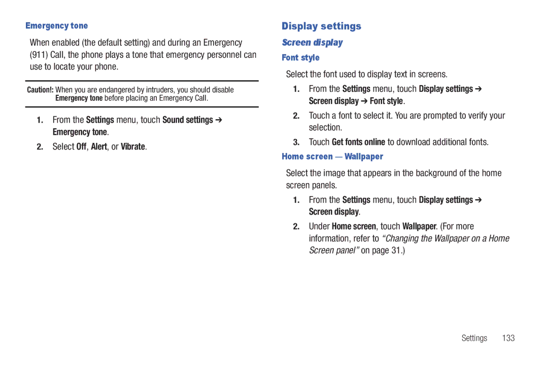 Samsung GH68_3XXXXA user manual Display settings, Screen display, Select the font used to display text in screens 