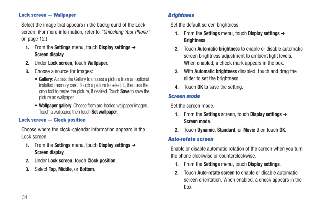 Samsung GH68_3XXXXA user manual Brightness, Screen mode, Auto-rotate screen 