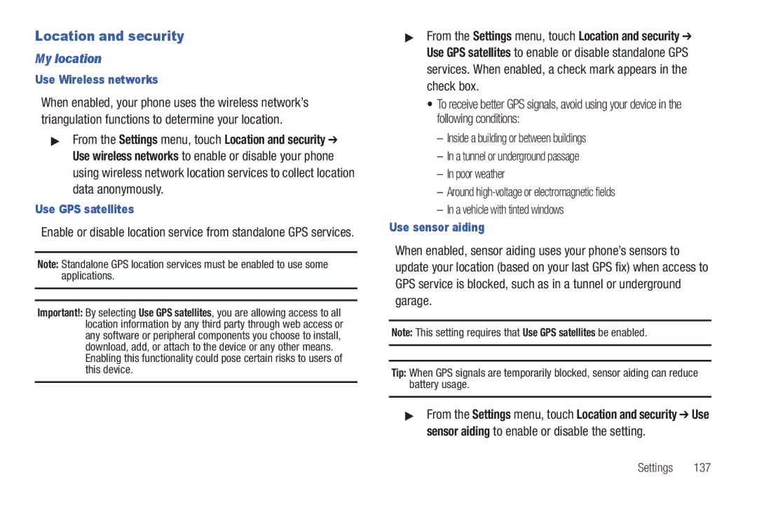 Samsung GH68_3XXXXA Location and security, My location, Use Wireless networks, Use GPS satellites, Use sensor aiding 