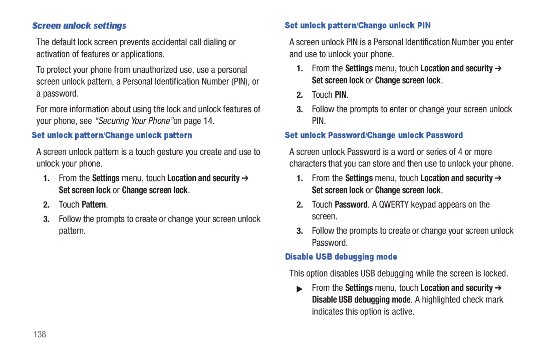 Samsung GH68_3XXXXA Screen unlock settings, Set unlock pattern/Change unlock pattern, Set unlock pattern/Change unlock PIN 