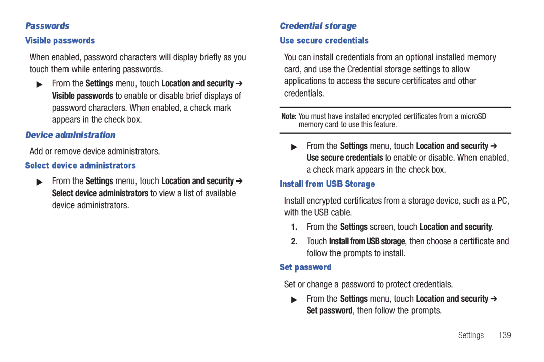 Samsung GH68_3XXXXA user manual Passwords, Device administration, Add or remove device administrators, Credential storage 