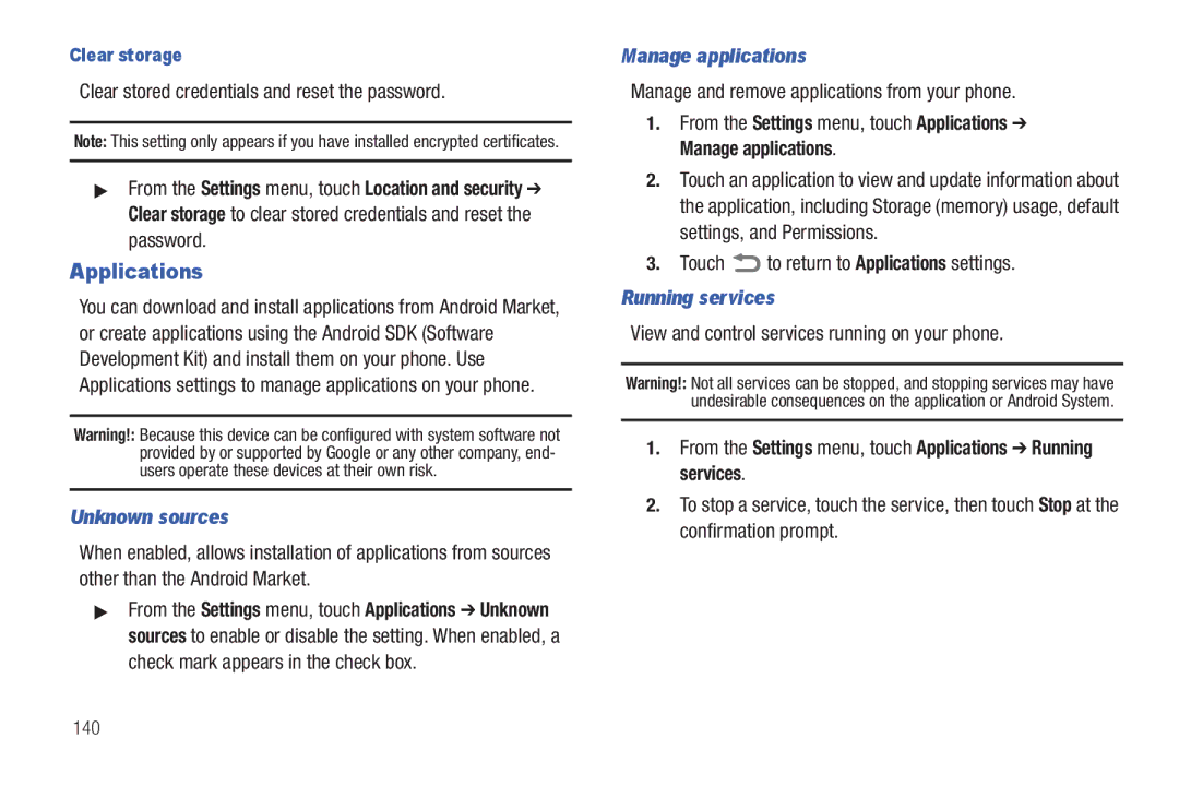 Samsung GH68_3XXXXA user manual Applications, Unknown sources, Manage applications, Running services 