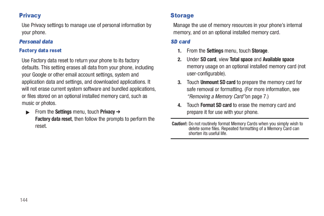 Samsung GH68_3XXXXA user manual Privacy, Personal data, SD card, From the Settings menu, touch Storage 