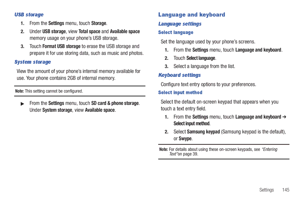 Samsung GH68_3XXXXA user manual Language and keyboard, USB storage, System storage, Language settings, Keyboard settings 