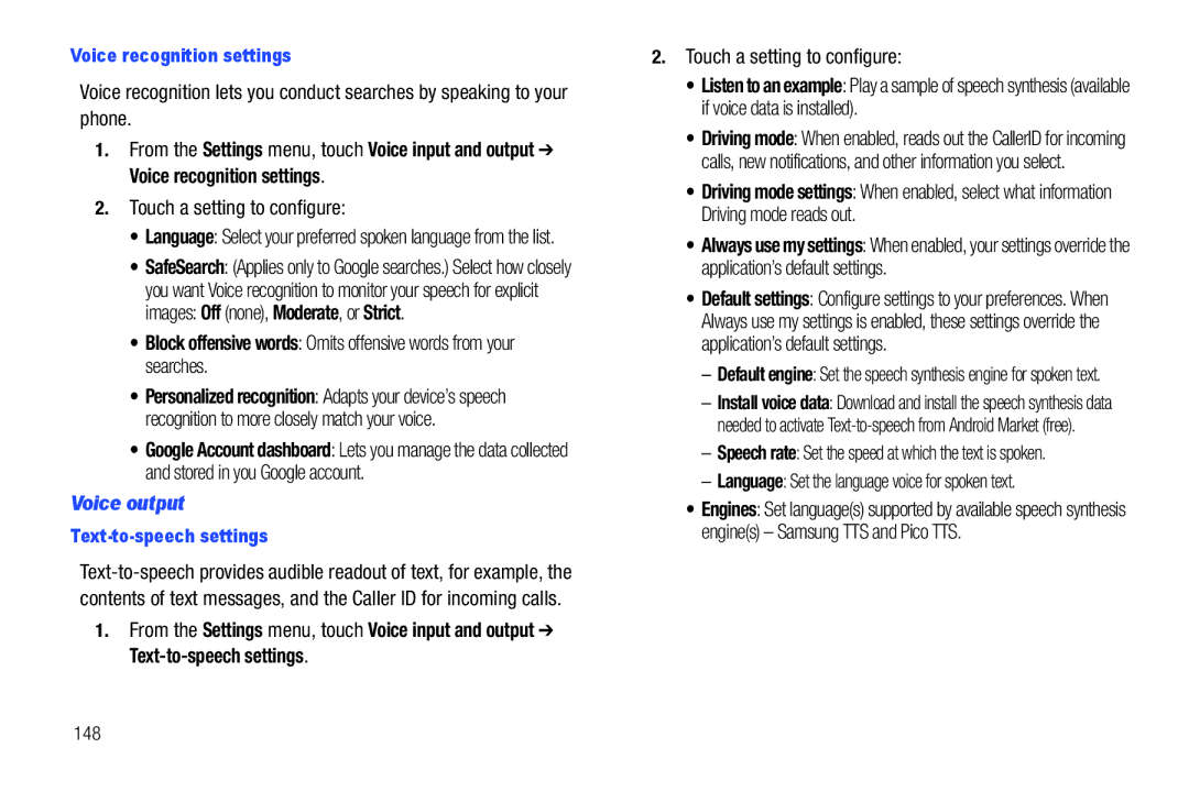 Samsung GH68_3XXXXA user manual Voice output, Voice recognition settings, Text-to-speech settings, 148 