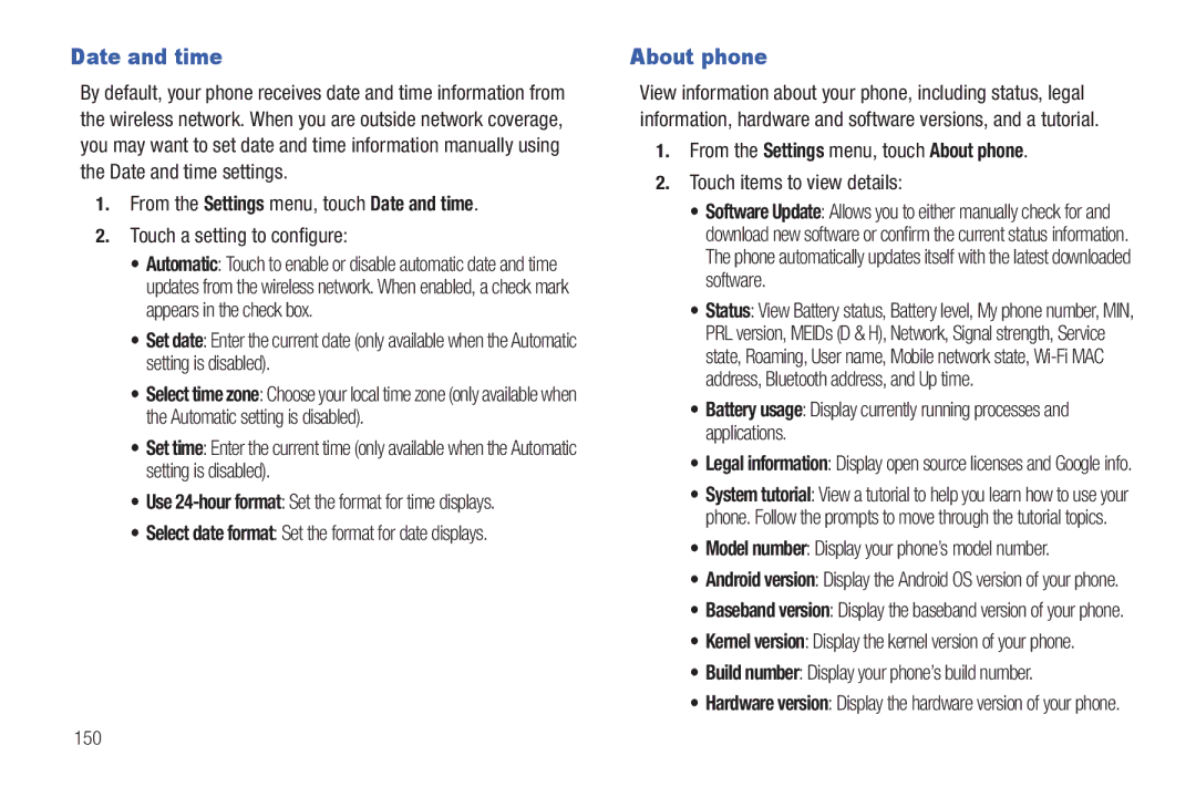 Samsung GH68_3XXXXA user manual Date and time, About phone, Build number Display your phone’s build number 