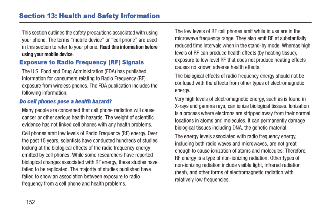 Samsung GH68_3XXXXA user manual Health and Safety Information, Exposure to Radio Frequency RF Signals, 152 