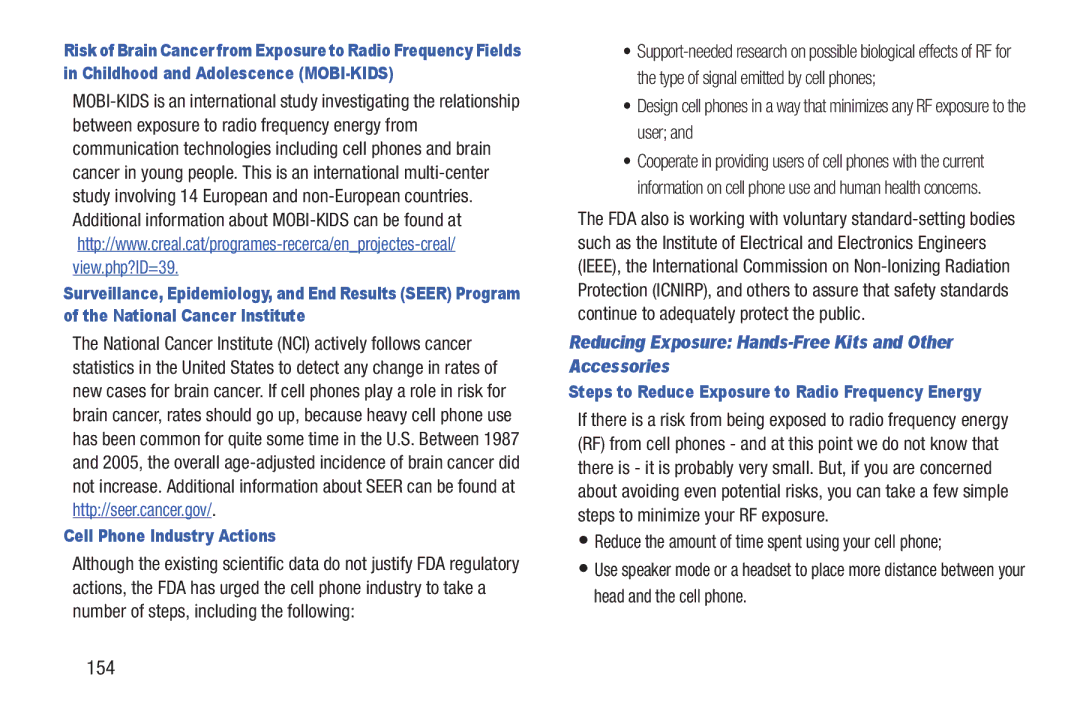 Samsung GH68_3XXXXA user manual 154, Reducing Exposure Hands-Free Kits and Other Accessories, Cell Phone Industry Actions 