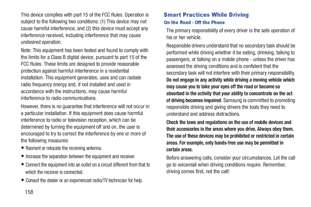 Samsung GH68_3XXXXA user manual Smart Practices While Driving, 158, Reorient or relocate the receiving antenna 