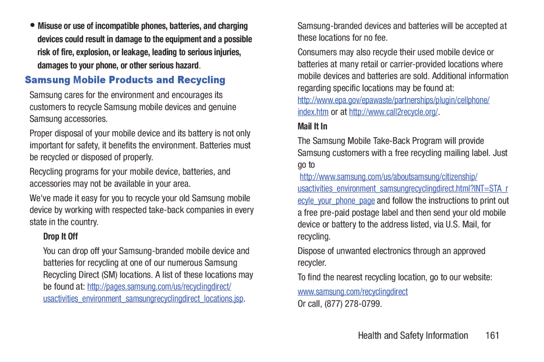 Samsung GH68_3XXXXA user manual Samsung Mobile Products and Recycling, 161, Drop It Off, Mail It 