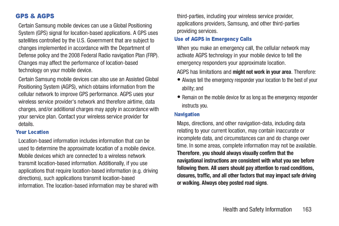 Samsung GH68_3XXXXA user manual 163, Your Location, Use of Agps in Emergency Calls, Navigation 