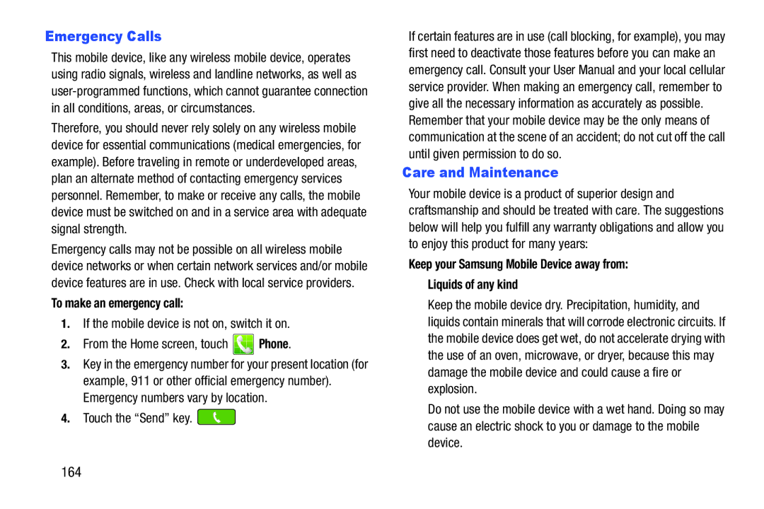 Samsung GH68_3XXXXA user manual Emergency Calls, Care and Maintenance, 164, To make an emergency call, Touch the Send key 