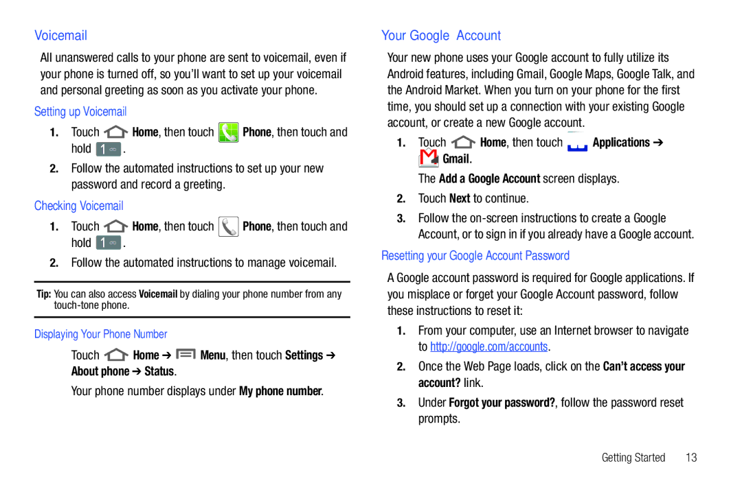 Samsung GH68_3XXXXA user manual Your Google Account, Setting up Voicemail, Checking Voicemail 