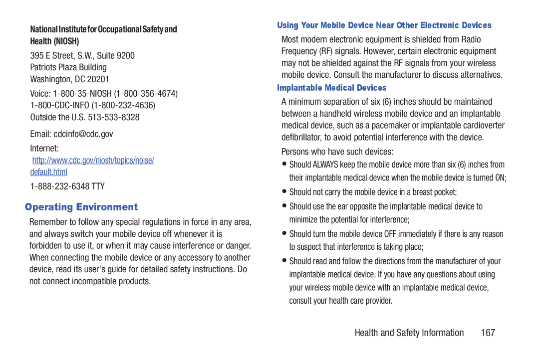 Samsung GH68_3XXXXA user manual Operating Environment, 167, National Institute for Occupational Safety Health Niosh 