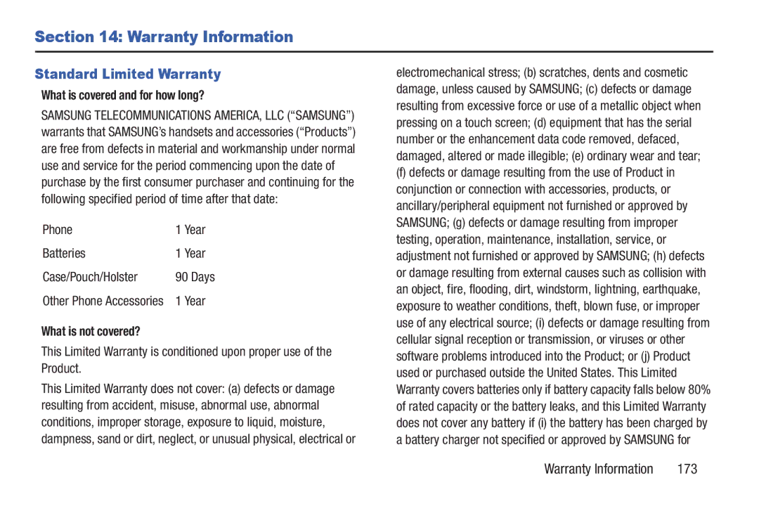 Samsung GH68_3XXXXA user manual Warranty Information, Standard Limited Warranty, 173, What is covered and for how long? 