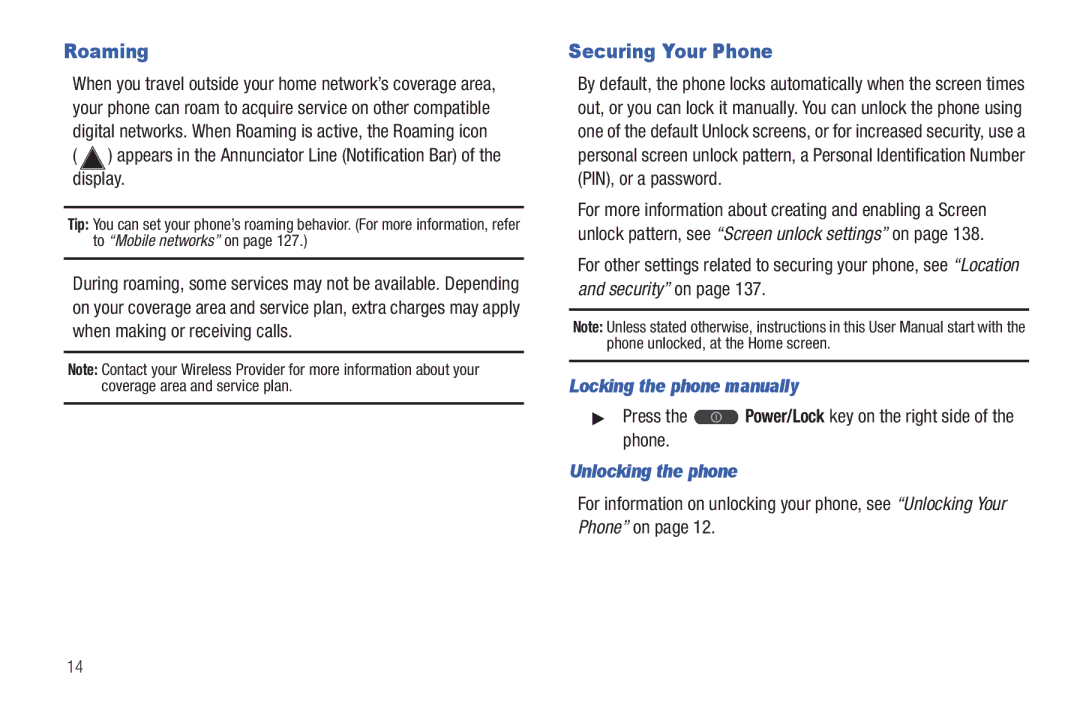 Samsung GH68_3XXXXA user manual Roaming, Securing Your Phone, Locking the phone manually, Unlocking the phone 