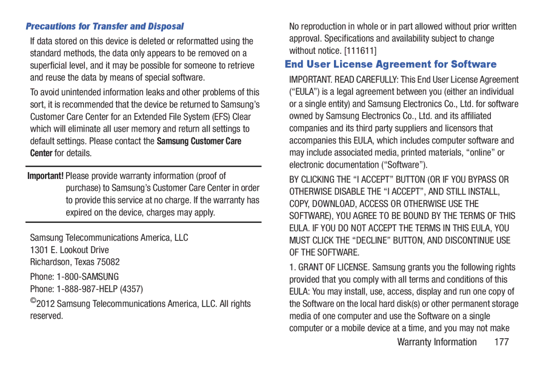 Samsung GH68_3XXXXA user manual End User License Agreement for Software, 177, Precautions for Transfer and Disposal 