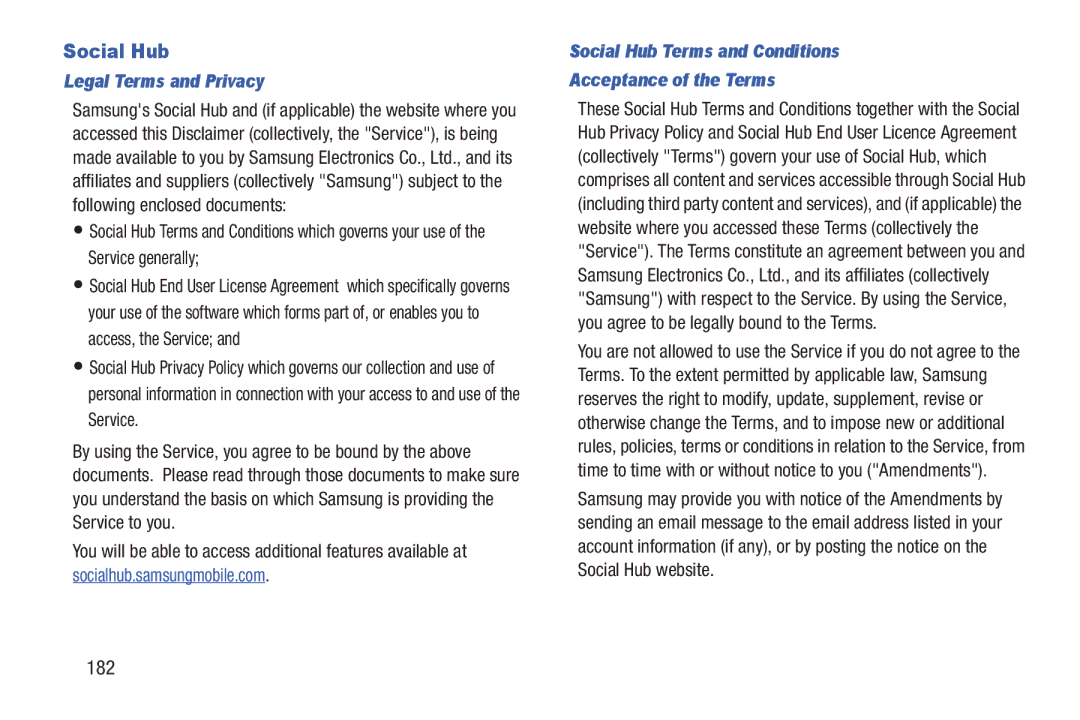 Samsung GH68_3XXXXA user manual 182, Legal Terms and Privacy, Social Hub Terms and Conditions Acceptance of the Terms 