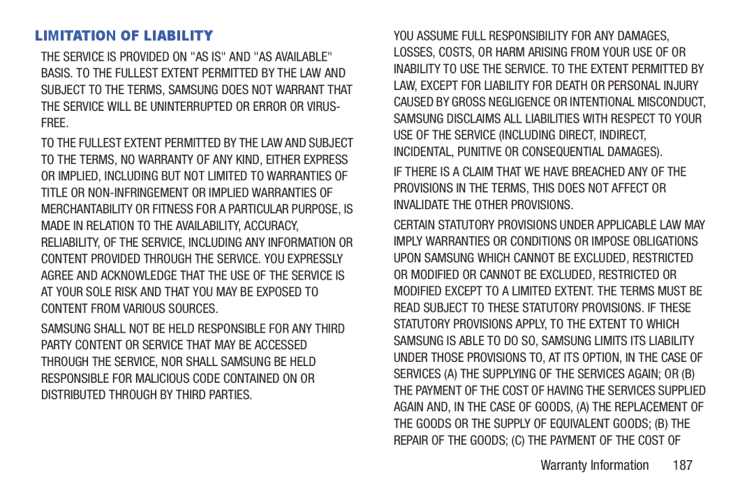 Samsung GH68_3XXXXA user manual Limitation of Liability, 187 