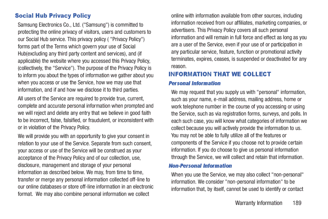 Samsung GH68_3XXXXA user manual Social Hub Privacy Policy, 189, Non-Personal Information 