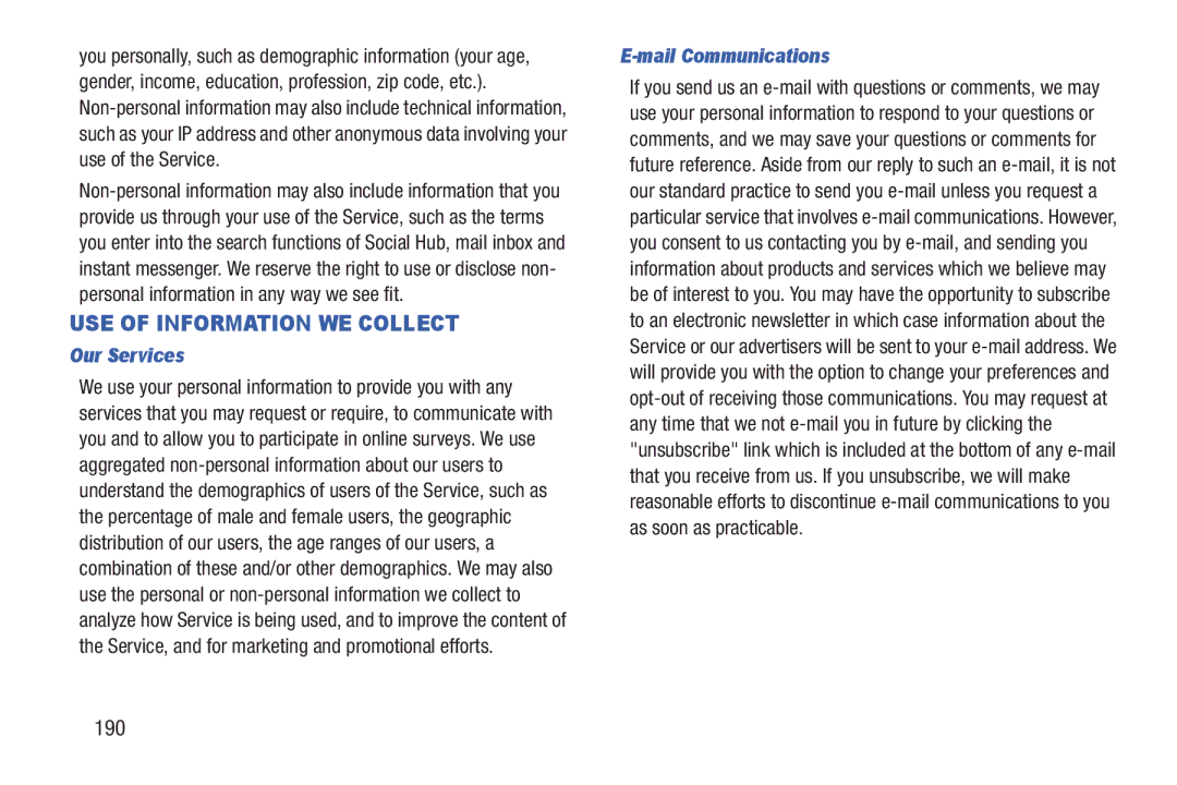 Samsung GH68_3XXXXA user manual 190, Our Services, Mail Communications 