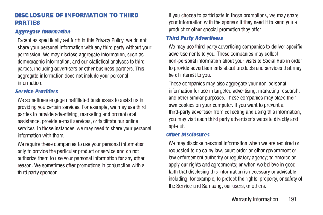 Samsung GH68_3XXXXA user manual 191, Aggregate Information, Service Providers, Third Party Advertisers, Other Disclosures 