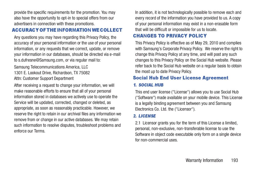 Samsung GH68_3XXXXA user manual Social Hub End User License Agreement, 193 