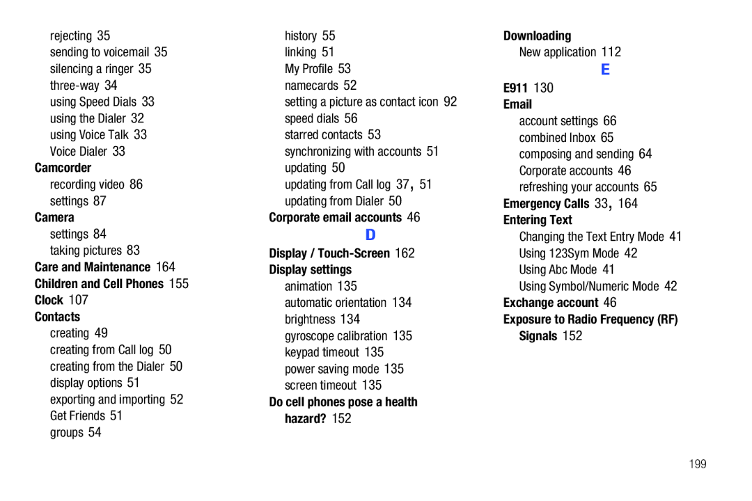 Samsung GH68_3XXXXA Camcorder, Do cell phones pose a health hazard? Downloading, E911, Emergency Calls 33 Entering Text 