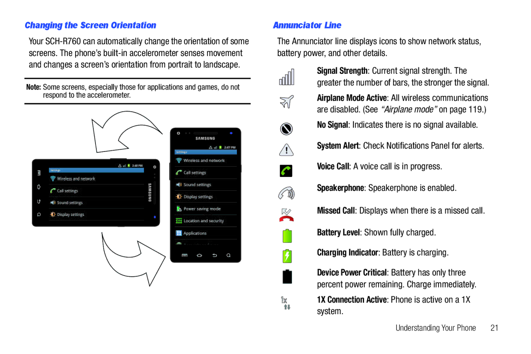 Samsung GH68_3XXXXA Changing the Screen Orientation, Annunciator Line, No Signal Indicates there is no signal available 