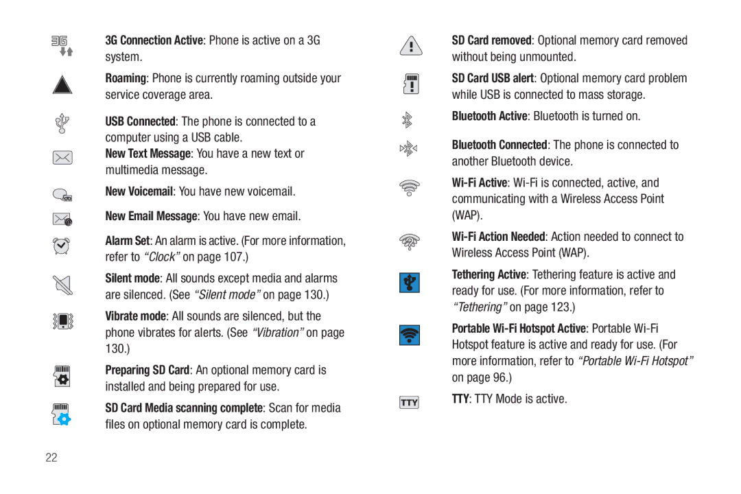 Samsung GH68_3XXXXA 3G Connection Active Phone is active on a 3G system, Bluetooth Active Bluetooth is turned on 