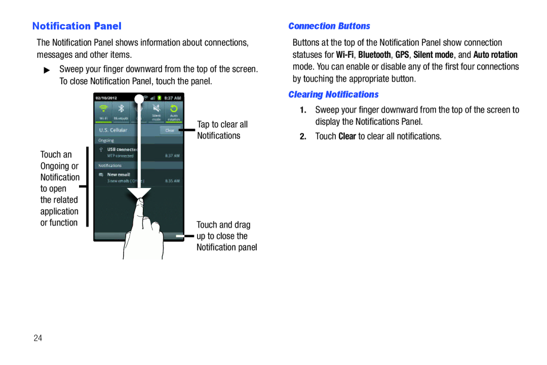 Samsung GH68_3XXXXA user manual Notification Panel, Connection Buttons, Clearing Notifications 