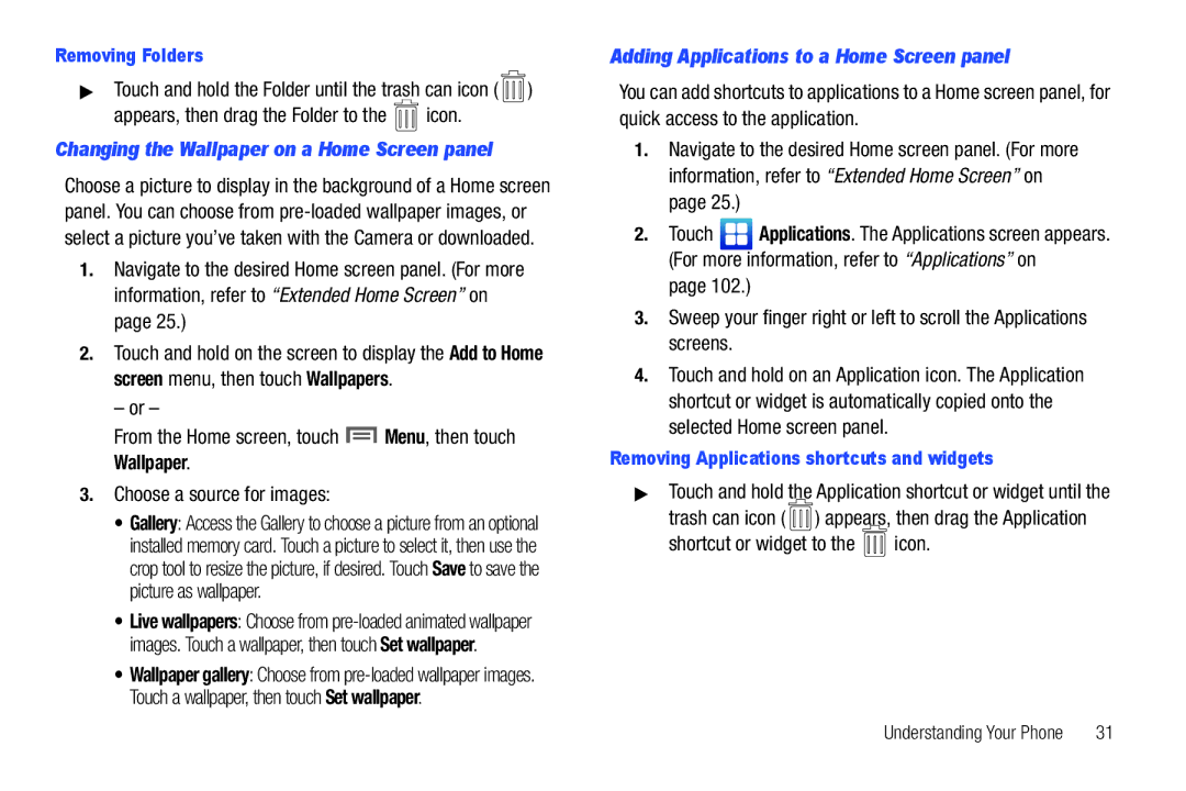 Samsung GH68_3XXXXA user manual Changing the Wallpaper on a Home Screen panel, Adding Applications to a Home Screen panel 