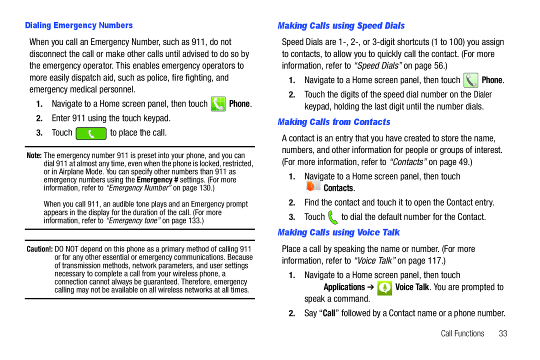 Samsung GH68_3XXXXA user manual Making Calls using Speed Dials, Making Calls from Contacts, Making Calls using Voice Talk 