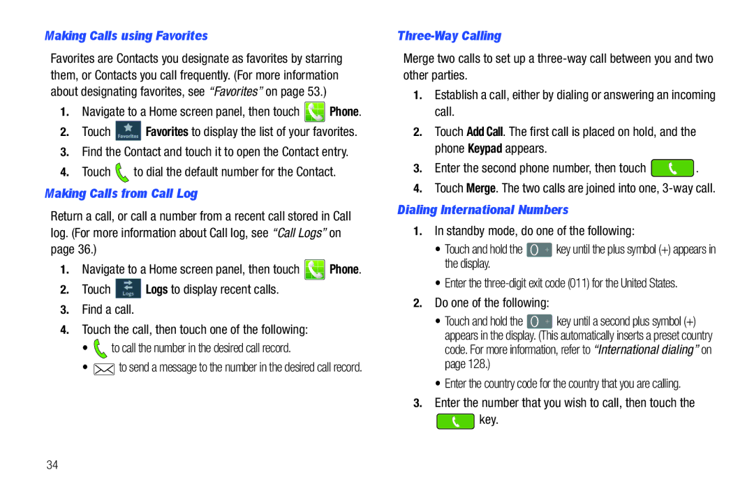 Samsung GH68_3XXXXA user manual Making Calls using Favorites, Making Calls from Call Log, Three-Way Calling 