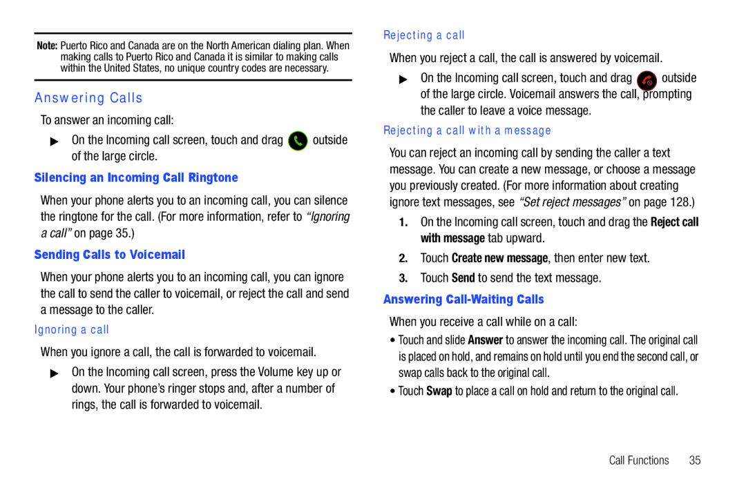 Samsung GH68_3XXXXA user manual Answering Calls, Silencing an Incoming Call Ringtone, Sending Calls to Voicemail 