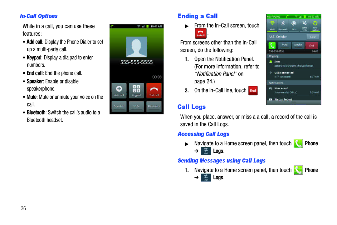 Samsung GH68_3XXXXA user manual Ending a Call, In-Call Options, Accessing Call Logs, Sending Messages using Call Logs 