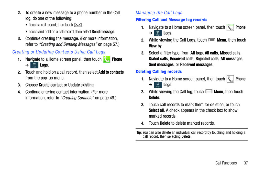 Samsung GH68_3XXXXA user manual Creating or Updating Contacts Using Call Logs, Choose Create contact or Update existing 