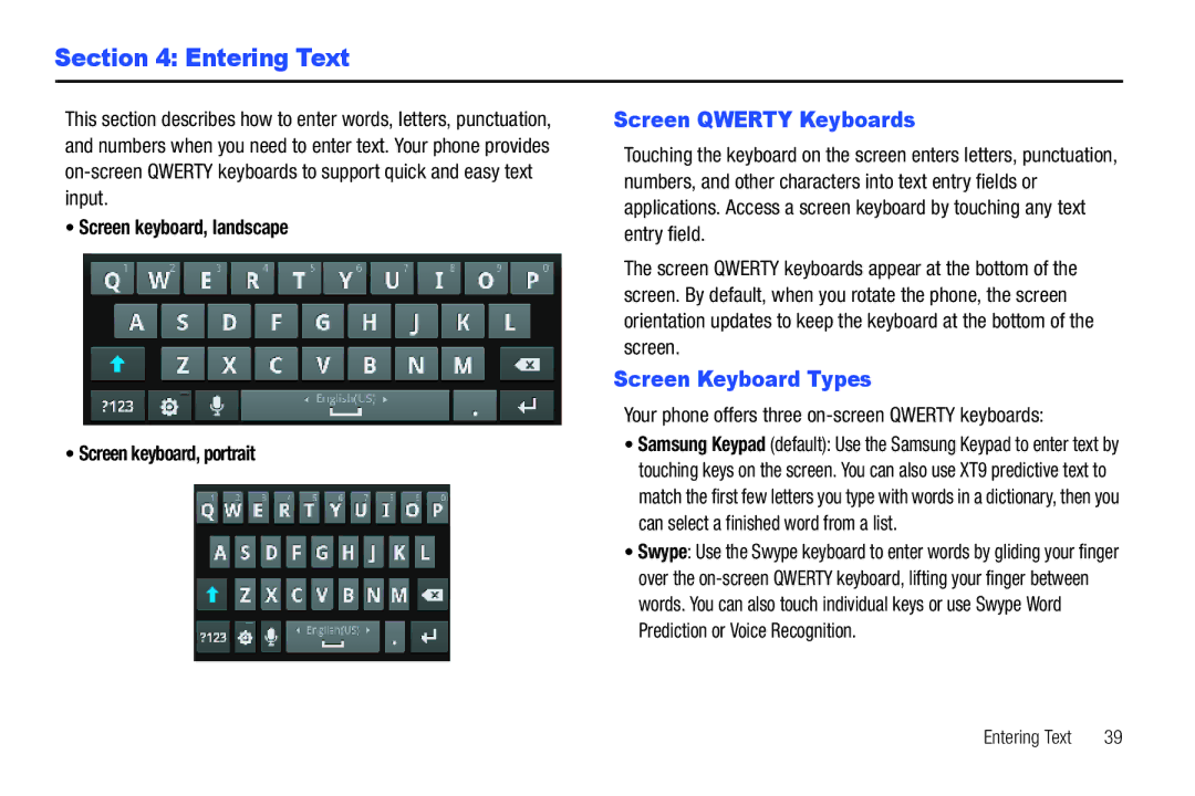 Samsung GH68_3XXXXA user manual Entering Text, Screen Qwerty Keyboards, Screen Keyboard Types 