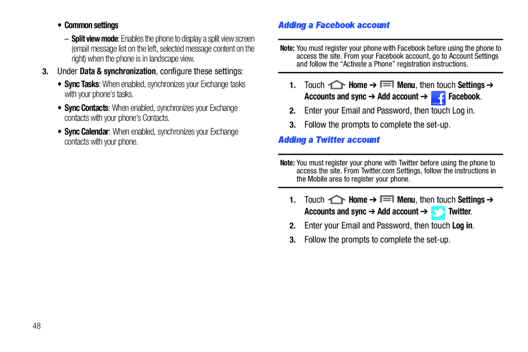 Samsung GH68_3XXXXA user manual Common settings, Adding a Facebook account, Touch Home Menu, then touch Settings 